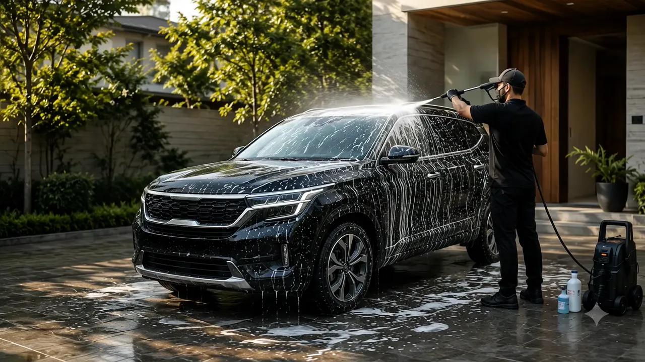 A black SUV being washed outside a modern home